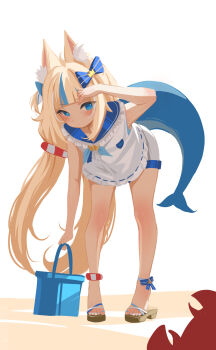 Rule 34 | 1girl, animal ear fluff, animal ears, bent over, blonde hair, blue eyes, blue hair, blush, bucket, cat ears, closed mouth, commentary, crab, dress, fins, fish girl, fish tail, highres, holding, holding bucket, indie virtual youtuber, kaniki (sameko saba), long hair, looking at viewer, low twintails, multicolored hair, sameko saba, sand, sand bucket, sandals, sansha art, sleeveless, sleeveless dress, smile, solo, streaked hair, tail, twintails, very long hair, virtual youtuber, white dress