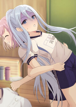 2girls assisted_stretching back-to-back blue_eyes blue_hair blue_shorts blush closed_eyes commentary_request cowboy_shot double-parted_bangs from_side gym_uniform hair_between_eyes highres indoors long_hair long_sidelocks looking_at_viewer medium_hair multiple_girls ootori_emu open_mouth pink_hair ponytail project_sekai shaded_face shirt short_shorts shorts sidelocks sweatdrop very_long_hair white_shirt yoisaki_kanade yui081