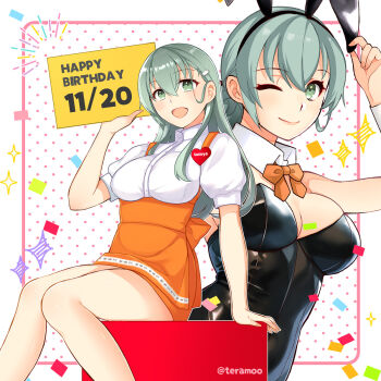 alternate_costume animal_ear_hairband animal_ears anna_miller apron badge black_leotard bow bowtie breasts cleavage collared_shirt detached_collar dress_shirt fake_animal_ears feet_out_of_frame green_eyes green_hair hairband happy_birthday highres kantai_collection leotard long_hair looking_at_viewer medium_breasts one_eye_closed orange_apron orange_bow orange_bowtie orange_skirt playboy_bunny puffy_short_sleeves puffy_sleeves rabbit_ears shirt short_sleeves sitting skirt strapless strapless_leotard suzuya_(kancolle) teramoto_kaoru upper_body waitress white_shirt wrist_cuffs
