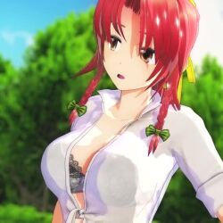 1girl 3d animated bra breasts brown_eyes clothes_pull hong_meiling large_breasts looking_at_viewer medium_breasts mofumoko5 open_clothes red_hair seductive_smile smile solo teasing thighs touhou underwear upper_body video