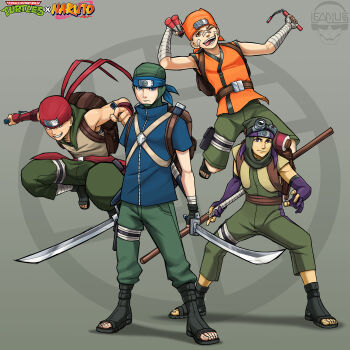 4boys absurdres artist_request blue_eyes bo_staff crossover donatello_(tmnt) dual_wielding forehead_protector highres holding holding_nunchaku holding_sword holding_weapon humanization katana leonardo_(tmnt) looking_at_viewer michelangelo_(tmnt) multiple_boys naruto_(series) ninja nunchaku raphael_(tmnt) sai_(weapon) smile staff sword teenage_mutant_ninja_turtles teenage_mutant_ninja_turtles_x_naruto teeth theleadius weapon