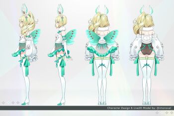 1girl ass blonde_hair boots chiyo_moberi cieste commentary detached_sleeves dress english_commentary full_body garter_straps highres imonovel leotard leotard_under_clothes long_sleeves looking_to_the_side official_art ponytail reference_sheet second-party_source shoes sleeves_past_fingers sleeves_past_wrists thigh_boots virtual_youtuber white_sleeves wings