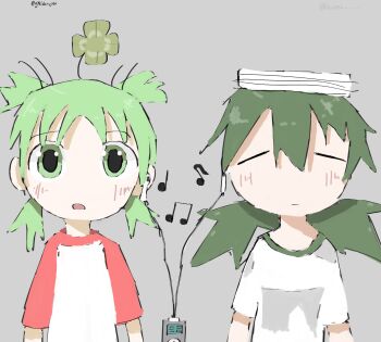 2girls :o =_= clover_hair_ornament earbuds earphones four-leaf_clover_hair_ornament g0ldenc4t green_eyes green_hair grey_background hair_ornament highres koiwai_yotsuba listening_to_music low_twintails multiple_girls musical_note plant_on_head sharing shimeji_simulation shirt simple_background sumida_(shimeji_simulation) t-shirt twintails yotsubato!