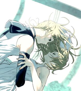 Rule 34 | 2girls, black sailor collar, blonde hair, blurry, blurry background, bow hairband, closed eyes, dress, dual persona, hairband, highres, kagamine rin, kanononoring, looking at another, multiple girls, roshin yuukai (vocaloid), sailor collar, short hair, sleeveless, vocaloid, white dress