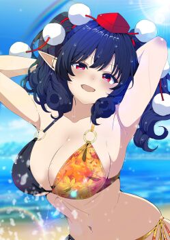 1girl alternate_costume armpits arms_up beach bikini black_bikini black_hair blurry breasts cleavage commentary_request day depth_of_field highres kitaura_kasumi large_breasts looking_at_viewer multicolored_bikini navel ocean open_mouth orange_bikini outdoors pointy_ears rainbow shameimaru_aya side-tie_bikini_bottom smile solo stomach sweat swimsuit touhou water