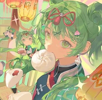 1girl absurdres alternate_hair_color alternate_hairstyle breasts chinese_clothes chinese_commentary cleavage cleavage_cutout clothing_cutout commentary_request dumpling earrings food food-themed_hair_ornament green_eyes green_hair hair_ornament hatsune_miku highres jewelry lantern looking_at_viewer mayijiang multiple_views panda paper_lantern peach_hair_ornament vocaloid