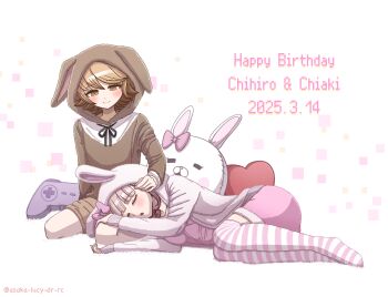 1boy 1girl :o animal_hood artist_name asaka_lucy black_ribbon blush bow brown_hair character_name controller danganronpa:_trigger_happy_havoc danganronpa_(series) danganronpa_2:_goodbye_despair dated fujisaki_chihiro game_controller hair_bow happy_birthday heart heart-shaped_pillow highres hood long_sleeves lying nanami_chiaki neck_ribbon on_side pillow pink_bow pink_shorts rabbit_hood ribbon shorts sitting sleeping smile striped_clothes striped_thighhighs thighhighs