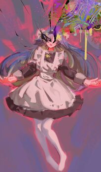 1girl absurdres apron beamed_sixteenth_notes black_dress blonde_hair blue_hair colored_inner_hair commentary covered_eyes crack dress english_commentary facing_viewer frilled_apron frills full_body hair_intakes hair_over_eyes highres long_hair multicolored_hair musical_note no_shoes open_mouth pantyhose purple_background reverse:1999 short_dress smile solo standing star_(symbol) ufu_fluffy very_long_hair voyager_(reverse:1999) white_apron white_pantyhose