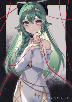 1girl absurdres black_bow bow braid commission detached_sleeves dress green_eyes green_hair hair_bow hair_ornament highres indie_virtual_youtuber kaia_(healkaia) long_hair long_sleeves looking_at_viewer single_braid skeb_commission smile solo string string_of_fate tanaka_(tps9g) virtual_youtuber white_dress white_sleeves