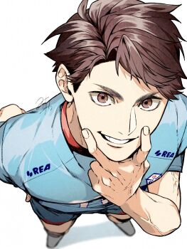 1boy arm_up blue_shirt blue_shorts brown_eyes brown_hair commentary_request haikyuu!! highres looking_at_viewer male_focus oikawa_tooru_(haikyuu!!) omg_genjitsu parted_hair shirt short_hair short_sleeves shorts simple_background smile solo sportswear standing v v_over_mouth veins veiny_arms volleyball_uniform white_background