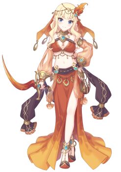 1girl bare_shoulders blonde_hair blue_eyes breasts collar collarbone crossed_legs curly_hair fire_ornament hair_ornament hand_on_own_hip harem_outfit highres holding holding_sword holding_weapon light_smile long_hair looking_at_viewer medium_breasts navel official_art pointy_ears princess_connect! saren_(princess_connect!) saren_(sarasaria)_(princess_connect!) shotel sword tachi-e thighs transparent_background weapon