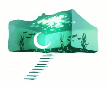 animated animated_gif caustics crescent_moon fish floating floating_stairs green_theme kelp light looping_animation moon no_humans original scenery signature simple_background stairs surreal tofuvi underwater water white_background