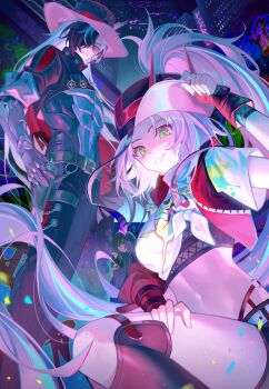 1boy 1girl absurdres acheron_(honkai:_star_rail) asymmetrical_sleeves baseball_cap belt black_hair black_hat black_jacket black_shorts boothill_(honkai:_star_rail) breasts bridal_gauntlets cowboy cowboy_hat crop_top crosshair_pupils cyborg dogae fishnet_bridal_gauntlets fishnet_top fishnets graffiti green_eyes grey_armor hair_over_one_eye hat hat_feather horned_hat highres honkai:_star_rail honkai_(series) horned_hat jacket long_hair looking_at_viewer mechanical_hands midriff multicolored_hair multiple_moles navel pink_hair police_badge ponytail rappa_(honkai:_star_rail) red_jacket red_pupils sharp_teeth sheriff_badge shirt short_shorts shorts single_sleeve_past_wrist smile split-color_hair squatting standing stomach teeth tied_shirt two-tone_hair uneven_sleeves very_long_hair western white_belt white_hair white_shirt