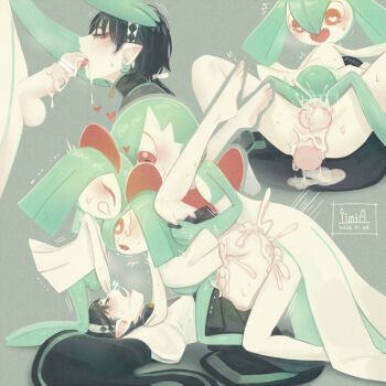 1girl 3boys ^_^ all_fours anal artist_name bar_censor barefoot black_hair black_shorts black_skirt blush bob_cut bright_pupils censored clenched_teeth closed_eyes closed_mouth clothes_lift clothes_pull colored_skin cum cum_in_ass cum_in_pussy dated disembodied_penis drooling earrings erection feet fellatio flat_chest gardevoir gen_3_pokemon girl_on_top green_hair green_skin grey_background group_sex hair_between_eyes hairband half-closed_eyes hand_on_another's_head hand_on_own_cheek hand_on_own_face happy_sex heart heart-shaped_pupils iimia jewelry kirlia kneeling legs_up licking licking_penis loli long_sleeves looking_down lying medium_hair miniskirt motion_lines multicolored_skin multiple_boys multiple_views nintendo on_back open_mouth oral original penis pleated_skirt pointy_ears pokemon pokemon_(creature) profile red_eyes saliva sex short_hair shorts shorts_pull shota sidelocks signature simple_background skirt skirt_lift smile spread_legs sweat symbol-shaped_pupils tears teeth testicles tongue tongue_out trap trembling two-tone_skin vaginal white_hairband white_pupils white_skin wide-eyed wide_sleeves