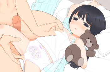 1boy 1girl abaji age_difference arm_up black_eyes black_hair blue_pajamas blue_shorts blush camisole candy_print clothed_female_nude_male collarbone erection fingering fingering_through_clothes flat_chest food_print half-closed_eyes hetero highres holding holding_stuffed_toy loli long_hair lying midriff_peek navel nipple_stimulation nipple_tweak nipple_tweak_through_clothes nude on_back open_mouth open_pajamas original pajamas panties penis pillow pillow_grab print_panties shorts spread_legs stuffed_animal stuffed_toy teddy_bear through_clothes underwear unworn_shorts variant_set white_camisole