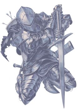 1other armor arrow_(projectile) full_armor full_body gauntlets helmet highres holding holding_sword holding_weapon kneeling knight nameno92372763 original plate_armor scabbard sheath shield shield_on_back shoulder_pads simple_background solo sword weapon white_background