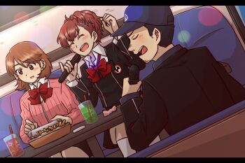 1boy 2girls baseball_cap black_hair black_jacket black_skirt blush bow bowtie brown_eyes brown_hair cardigan choker closed_eyes collared_shirt commentary_request couch cup drink drinking_straw earrings facial_hair feet_out_of_frame flipped_hair food from_behind gekkoukan_high_school_uniform hair_ornament hairclip hat holding holding_microphone indoors iori_junpei jacket jewelry karaoke kneehighs long_sleeves loose_bowtie microphone miniskirt multiple_girls music oiyan_goma on_couch persona persona_3 persona_3_portable pink_cardigan red_bow red_bowtie ribbed_cardigan school_uniform shiomi_kotone shirt short_hair singing sitting skirt socks stud_earrings table takeba_yukari white_choker white_shirt white_socks