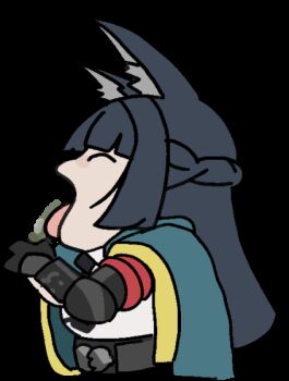 1girl animal_ear_fluff animal_ears animated animated_gif black_gloves black_hair black_necktie blunt_bangs chibi closed_eyes commentary cropped_torso english_commentary fox_ears fox_girl from_side gloves green_jacket hand_up hoshimi_miyabi jacket kiss licking long_hair looping_animation meme moddeang necktie open_clothes open_jacket saliva shirt solo template tongue transparent_background white_shirt yoshi_and_toad_kissing_(meme) zenless_zone_zero
