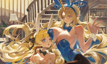 2girls absurdres animal_ear_hairband animal_ears backless_leotard black_bow black_bowtie black_pantyhose blonde_hair blue_bow blue_bowtie blue_eyes bow bowtie breasts commentary detached_collar facial_mark fake_animal_ears fleurdelys_(wuthering_waves) forehead_mark hairband highres horns huge_breasts leotard liudaohai6001 long_hair long_horns looking_at_another multiple_girls pantyhose phoebe_(wuthering_waves) playboy_bunny pointy_ears rabbit_ears single_horn small_breasts strapless strapless_leotard tacet_mark_(wuthering_waves) wrist_cuffs wuthering_waves yellow_horns