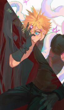 2boys animal animal_on_shoulder armor belt black_gloves black_pants black_sweater blonde_hair blue_eyes brown_belt cloud_strife earrings ercqelx8rprduft final_fantasy final_fantasy_vii gloves green_eyes grey_hair hand_on_another's_waist hand_over_eye hand_up heterochromia highres jewelry leaning_forward long_bangs long_hair looking_at_another male_focus multiple_boys official_alternate_eye_color pants parted_lips pauldrons sephiroth short_hair shoulder_armor single_pauldron sleeveless sleeveless_sweater sleeveless_turtleneck slit_pupils snake sparkle spiked_hair split_screen stud_earrings surreal suspenders sweat sweater toned toned_male turtleneck turtleneck_sweater upper_body very_long_hair