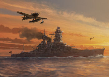 aircraft airplane battleship edouard_groult evening kongou_(battleship) military_vehicle ocean original painterly propeller_fighter ship ship_turret sunset vehicle_focus vehicle_request warship watercraft waves world_war_ii