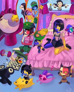 6+girls artist_self-insert black_hair blue_skin blunt_bangs board_game character_doll chess chess_piece chessboard colored_skin coral_glasses dog doll dress ena:_dream_bbq ena_(dream_bbq) ena_(ena) ena_(series) ena_(species) ena_(web_series) fish_(ena) floating_head frilled_pillow frills froggy_(ena) hangover_ena happy_ena highres hourglass hourglass_dog long_hair low_poly mask mask_(ena) merci_(ena) mime mini_person minigirl moony_(ena) multicolored_skin multiple_girls on_bed open_mouth pillow salesperson_ena shirt short_sleeves shorts skirt smile split-color_skin suspender_shorts suspender_skirt suspenders taski_maiden_(ena) the_shepherd_(ena) turron two-tone_skin unworn_mask usagimarumei yellow_skin