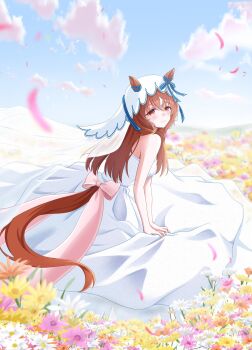 1girl alternate_costume animal_ears blurry blurry_background blush breasts brown_hair commentary_request dress field flower flower_field hair_between_eyes hair_ornament highres horse_ears horse_tail petals sky small_breasts smile solo still_in_love_(umamusume) tail take20131004 umamusume veil