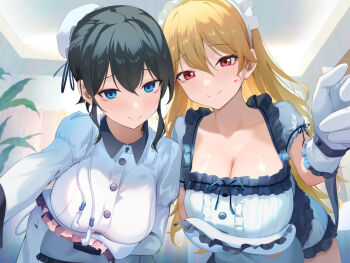 2girls black_hair blonde_hair blue_eyes breasts bun_cover ceiling cleavage collarbone commentary_request dress earbuds earphones gloves hair_between_eyes hair_bun highres large_breasts leaf long_hair looking_at_viewer maeshimashi maid multiple_girls musical_note original red_eyes shirt short_hair sidelocks smile sticker sticker_on_face upper_body white_dress white_gloves white_shirt