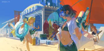 Rule 34 | 4girls, beach, beach chair, beach umbrella, bikini, bocchi the rock!, day, food, footprints, glasses, gotoh hitori, ijichi nijika, innertube, kita ikuyo, multiple girls, navel, outdoors, pink hair, popsicle, red hair, running, sanyang003, shirt, sitting, swim ring, swimsuit, umbrella, water gun, white shirt, yamada ryo