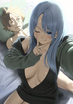 1boy 1girl ;) ;q aftersex aqua_(konosuba) blue_eyes blue_hair blush borrowed_clothes breasts breasts_apart commentary_request commission eris_(konosuba) fingernails giving_up_the_ghost guy_tired_after_sex_(meme) highres izawa_(bhive003) jacket kono_subarashii_sekai_ni_shukufuku_wo! large_breasts looking_at_viewer lying meme naked_jacket on_back one_eye_closed paid_reward_available satou_kazuma selfie sitting skeb_commission smile straight_hair tongue tongue_out track_jacket v v_over_mouth