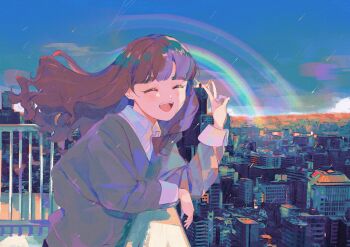 1girl blue_sky blunt_bangs brown_hair building city cityscape closed_eyes cloud collared_shirt commentary day facing_viewer grey_sweater highres idolmaster idolmaster_cinderella_girls jamu_(yakinikuoi4) kamiya_nao long_hair long_sleeves open_mouth outdoors railing rain rainbow shirt sky solo sweater teeth untranslatable_commentary upper_teeth_only v white_shirt
