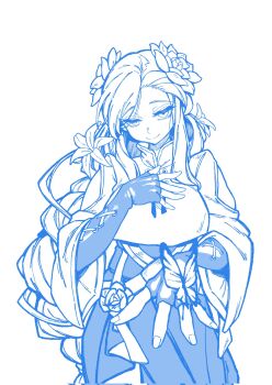 Rule 34 | 1girl, amaya 5321, asymmetrical bangs, blue outline, braid, breasts, bug, butterfly, butterfly on hand, closed mouth, dizzy (guilty gear), elbow gloves, fingerless gloves, flower, gloves, guilty gear, guilty gear strive, hair flower, hair ornament, hand on own chest, highres, insect, lineart, long hair, looking at viewer, medium breasts, outline, queen dizzy, red eyes, smile, solo, swept bangs, tunic, upper body, very long hair, white background