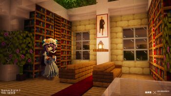 1girl 3d absurdres book bookshelf desk_lamp english_text evening flower highres holding holding_book indoors ladder lamp library minecraft open_book painting_(object) patchouli_knowledge pixel_art purple_eyes purple_flower purple_hair reading shadow takeez3 touhou window wooden_floor