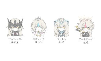 4girls ^_^ bare_shoulders black_dress bodysuit chibi closed_eyes code:_antithese_(elsword) code:_esencia_(elsword) code:_sariel_(elsword) code:_ultimate_(elsword) commentary_request dress eirlys_els elsword eve_(elsword) expressionless hair_intakes half-closed_eyes headgear highres long_hair looking_at_viewer multiple_girls smile tiara white_dress white_hair