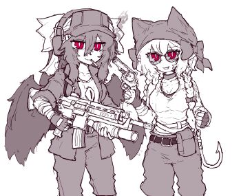 Rule 34 | 2girls, alternate costume, animal ears, assault rifle, bandaged hand, bandages, belt, bird wings, bow, braid, breasts, cat ears, choker, cigarette, cleavage, extra ears, eyes visible through hair, feathered wings, fingerless gloves, fish hook, gloves, grenade launcher, greyscale, gun, h&amp;k hk416, hair between eyes, hair bow, handgun, headphones, highres, holding, holding gun, holding weapon, jacket, kaenbyou rin, long hair, looking at viewer, m203, medium breasts, monochrome, multiple girls, open clothes, open jacket, open mouth, pants, pointy ears, rampa93, red eyes, reiuji utsuho, revolver, rifle, round eyewear, shirt, smile, smoking, spot color, sunglasses, third eye, third eye on chest, touhou, twin braids, underbarrel grenade launcher, visor cap, weapon, wings