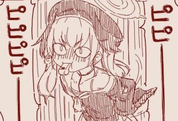 Rule 34 | 1girl, angry, anonymous (japanese), beret, black hat, black shirt, black wings, blue archive, blush, feathered wings, flat chest, halo, hands on own hips, hat, head wings, imageboard colors, koharu (blue archive), leaning forward, long sleeves, low wings, lowres, monochrome, nose blush, off shoulder, puffy long sleeves, puffy sleeves, red theme, sailor collar, sailor shirt, shirt, simple background, single bare shoulder, solo, whistle, whistling, winged halo, wings