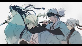 1girl 3boys aqua_haori arm_guards black_hair black_kimono black_ribbon black_scarf blonde_hair braid curtained_hair fate/grand_order fate_(series) fighting_stance forehead_protector fur_shawl gloves hair_ribbon haori headband holding holding_sword holding_weapon japanese_clothes katana kimono kondou_isami_(fate) letterboxed long_hair medium_sideburns multiple_boys nagakura_shinpachi_(fate) nagakura_shinpachi_(third_ascension)_(fate) noni_(3dal2socks) okita_souji_(fate) okita_souji_(teal_haori_and_hakama)_(fate) over_shoulder partially_fingerless_gloves ponytail ready_to_draw ribbon scarf shawl shinsengumi_(fate) short_ponytail spiked_headband sword tasuki toudou_heisuke_(fate) toudou_heisuke_(third_ascension)_(fate) unsheathed weapon weapon_over_shoulder white_background white_hair white_kimono