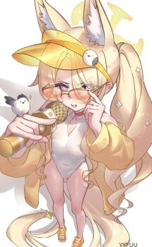 1girl absurdres adjusting_eyewear animal_ear_fluff animal_ears bird blonde_hair blue_archive blush breasts covered_navel cross_halo diamond_cutout extra_ears eyes_visible_through_hair feet flat_chest fox_ears fox_girl fox_tail full_body halo highleg highleg_one-piece_swimsuit highres holding holding_microphone jacket loli long-tailed_tit long_hair microphone off_shoulder official_alternate_costume official_alternate_hairstyle one-piece_swimsuit open_mouth orange-tinted_eyewear orange_eyes sandals seia_(blue_archive) seia_(swimsuit)_(blue_archive) side_ponytail simple_background small_breasts smile solo standing sunglasses swimsuit tail tail_ornament thighs tinted_eyewear tit_(bird) toes very_long_hair very_long_tail visor_cap white_background white_bird white_one-piece_swimsuit yellow_halo yellow_jacket yellow_sandals yellow_visor yyfuu