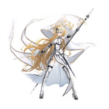 1girl absurdres arm_up armored_legwear banner bare_shoulders black_gloves black_thighhighs blonde_hair blue_eyes breasts chain cleavage closed_mouth collar commentary_request dress fate/grand_order fate_(series) fingerless_gloves full_body fur-trimmed_gloves fur-trimmed_thighhighs fur_trim gauntlets gloves headpiece highres holding holding_polearm holding_sword holding_weapon jeanne_d'arc_(fate) jeanne_d'arc_(ruler)_(fate) jeanne_d'arc_(third_ascension)_(fate) legs_apart long_hair looking_at_viewer luminosite_eternelle medium_breasts metal_collar plackart polearm sideboob simple_background smile solo spear standing sword sword_of_st._catherine_(fate) thighhighs unsheathed very_long_hair weapon white_background white_dress xiaoshi_de_xuebao