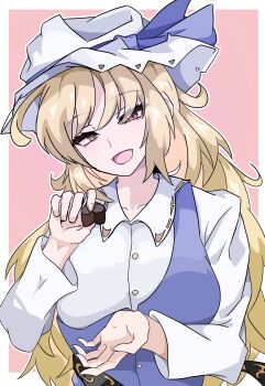Rule 34 | 1girl, absurdres, belt, black belt, blonde hair, blue dress, blue ribbon, buttons, candy, chocolate, chocolate heart, collared shirt, commentary request, dress, food, hat, hat ribbon, heart, heart-shaped food, highres, holding, holding chocolate, holding food, kakineko, long hair, long sleeves, looking at viewer, open mouth, orange eyes, ribbon, shirt, single strap, touhou, valentine, watatsuki no toyohime, white hat, white shirt