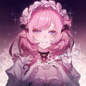 Rule 34 | 1girl, absurdres, breasts, cleavage, closed mouth, elf, elysia (honkai impact), elysia (miss pink) (honkai impact), elysia (miss pink elf) (honkai impact), fake horns, floral background, gloves, heart, heart hands, highres, honkai (series), honkai impact 3rd, horns, large breasts, looking at viewer, maid, maid headdress, official alternate costume, pointy ears, puffy short sleeves, puffy sleeves, sample watermark, seven60755660, short sleeves, smile, solo, upper body, watermark, white gloves