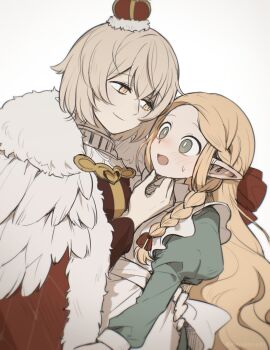 2girls absurdres alice&#039;s_adventures_in_wonderland alice_(alice_in_wonderland) alice_(alice_in_wonderland)_(cosplay) apron aqua_dress aqua_eyes blonde_hair blush braid brooch brown_sleeves cape commentary cosplay crown diamond_print dress dungeon_meshi english_commentary eye_contact face-to-face falin_touden feathers fur-trimmed_cape fur_trim hair_between_eyes hair_ribbon hand_on_another&#039;s_chin hand_on_another&#039;s_hip hand_up heart heart_brooch highres jewelry long_hair long_sleeves looking_at_another marcille_donato mayo_(mayo88meshi) mini_crown multiple_girls nose_blush open_mouth pointy_ears queen_of_hearts_(alice_in_wonderland) queen_of_hearts_(alice_in_wonderland)_(cosplay) red_cape red_ribbon ribbon short_hair single_braid smile sweatdrop upper_body white_apron yellow_eyes yuri