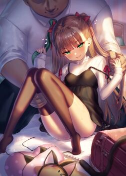 1boy 1girl age_difference backpack bag black_thighhighs blush breasts brown_hair convenient_leg dress green_eyes hetero highres long_hair looking_at_viewer original randoseru sitting small_breasts smile sweat thigh_grab thighhighs unworn_bikini_top yapo_(croquis_side)