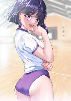 1girl absurdres arion_canvas ass bishoujo_senshi_sailor_moon black_hair blue_buruma blunt_bangs blunt_ends buruma gym_uniform highres purple_eyes short_hair solo tomoe_hotaru