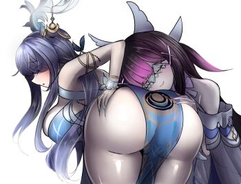 2girls absurdres antlers artist_request ass ass_focus bare_shoulders black_hair blue_hair breasts columbina_(genshin_impact) deep_skin dress eye_mask from_behind genshin_impact grabbing_own_ass groping hair_ornament hair_over_one_eye head_wings highres horns huge_ass large_breasts lauma_(genshin_impact) leaning leaning_forward long_hair mask multicolored_hair multiple_girls purple_hair sideboob smile very_long_hair wings