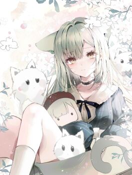 1girl animal_ears bang_dream! bang_dream!_it&#039;s_mygo!!!!! black_choker blue_dress blush cat cat_ears cat_girl cat_tail choker closed_mouth dress flower frilled_choker frills green_hair highres kemonomimi_mode long_hair long_sleeves looking_at_viewer mortis_(bang_dream!) mortis_(costume)_(bang_dream!) mortis_(persona)_(bang_dream!) socks solo tail wakaba_mutsumi wakaba_mutsumi_(doll) white_socks xiongshouji yellow_eyes