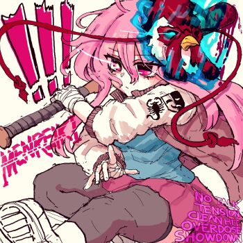 Rule 34 | !, !!, 1girl, absurdres, alternate costume, bandaged hand, bandages, baseball bat, blue flower, breasts, brown thighhighs, chicken mask, closed mouth, english text, eye trail, flower, hata no kokoro, highres, holding, holding baseball bat, light trail, long hair, long sleeves, mask, mask on head, pink eyes, pink hair, pink skirt, rampa93, shoes, simple background, skirt, small breasts, solo, thighhighs, touhou, yellow background