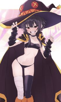 1girl asymmetrical_legwear bandaged_leg bandages bandeau bikini black_bikini black_cape black_choker black_hair black_panties black_thighhighs blush boots breasts cachi_lo cape choker claw_pose collar collarbone fingerless_gloves gloves grin hat highres kono_subarashii_sekai_ni_shukufuku_wo! loli looking_at_viewer megumin navel panties red_eyes short_hair short_hair_with_long_locks single_thighhigh small_breasts smile solo stomach strapless swimsuit teeth thighhighs underwear witch_hat
