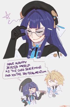 Rule 34 | 1boy, 1girl, adjusting eyewear, beret, black gloves, black hat, blonde hair, blue hair, closed eyes, commentary, english commentary, gepard landau, glasses, gloves, grey background, grin, hair intakes, hat, highres, honkai: star rail, honkai (series), pela (honkai: star rail), round eyewear, smile, star (symbol), unfamousradish