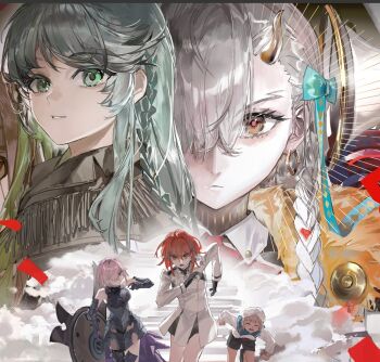 1boy 4girls armor bare_shoulders black_armor black_gloves braid brown_hair closed_eyes dress elbow_gloves fate/grand_order fate_(series) feijiu fujimaru_ritsuka_(female) fujimaru_ritsuka_(female)_(decisive_battle_chaldea_uniform) fur_trim gloves green_eyes green_hair hair_between_eyes hair_over_one_eye horns jewelry kukulkan_(fate) kukulkan_(first_ascension)_(fate) long_hair lord_camelot_(fate) marine_nemo_(fate) mash_kyrielight mash_kyrielight_(demi-servant) medium_hair multiple_girls nahui_mictlan_(fate/grand_order) nemo_(fate) olga_marie_animusphere orange_hair purple_eyes shield single_horn turban u-olga_marie very_long_hair white_dress white_hair yellow_eyes